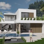 HLEVEL ARCHITECTURE MODERN RESIDENCE DESIGN REAR RENDERED VIEW WOOD CLADDING, FLAT ROOF, ROOF PLANTER, POOL