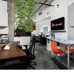 Hlevel architecture Office interior view orange chair green wall dry erase wall
