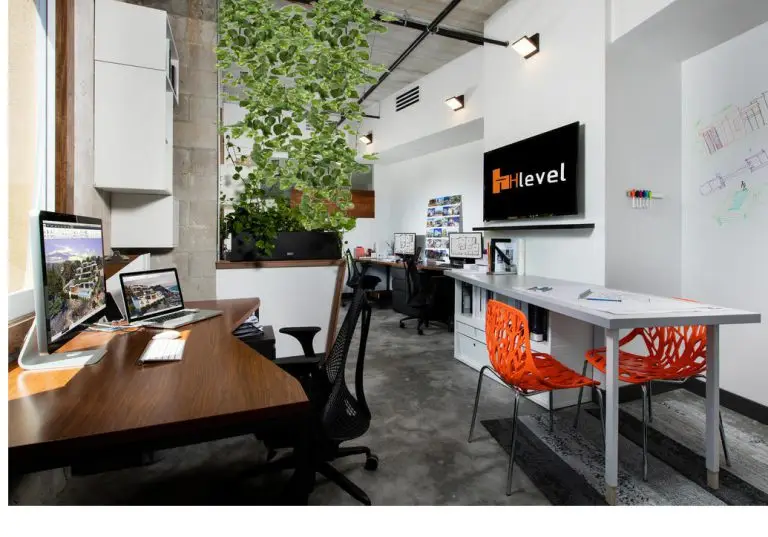 Hlevel architecture Office interior view orange chair green wall dry erase wall